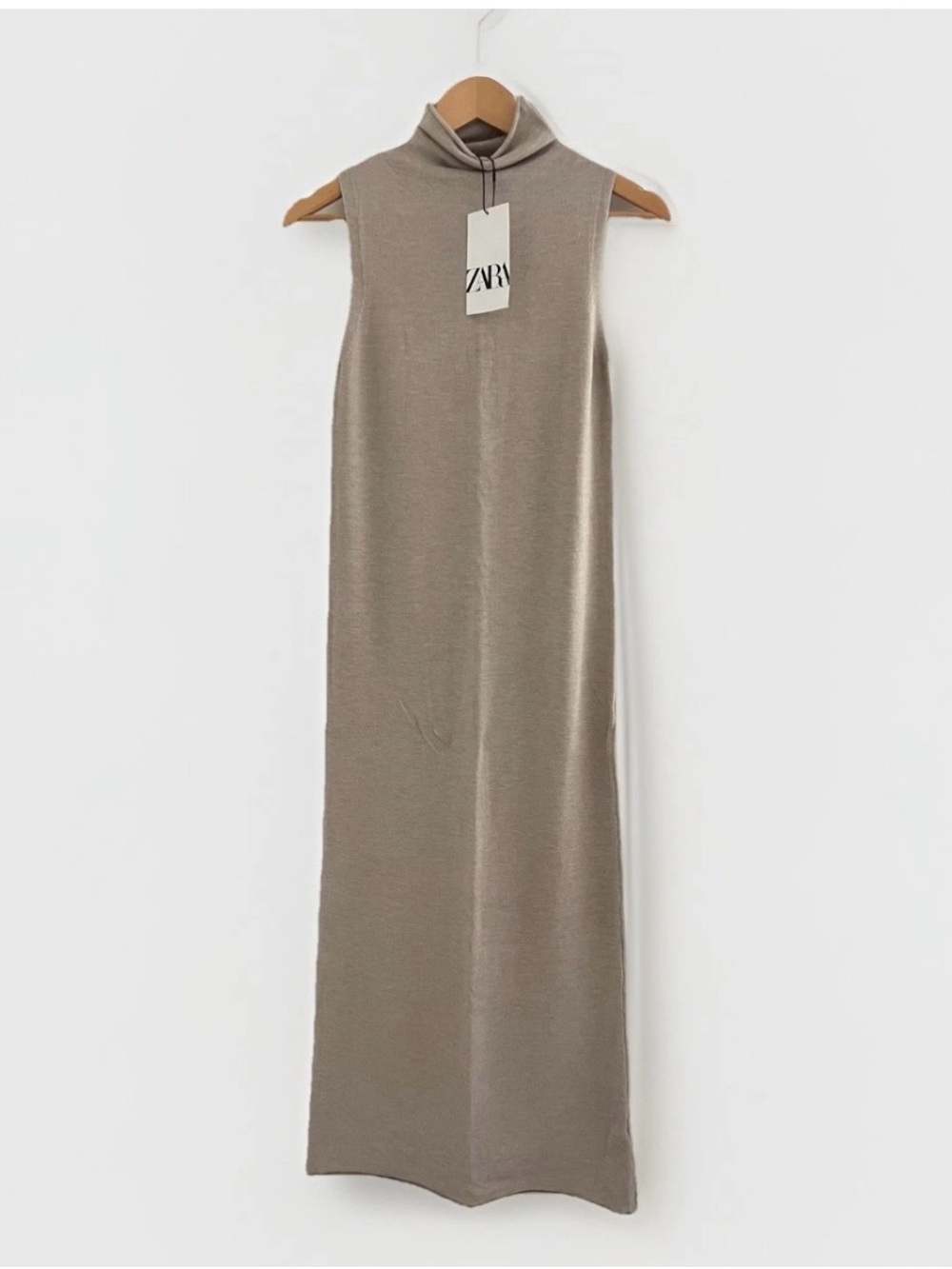 NWT ZARA Knit Sleeveless Turtleneck Midi Dress in Sand Small